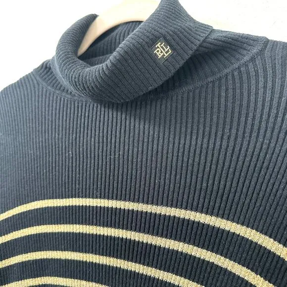 Lauren Ralph Lauren Black Gold Stripe Turtleneck Sweater Women L Cotton Classic