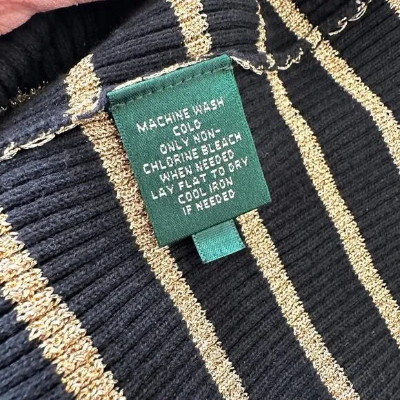 Lauren Ralph Lauren Black Gold Stripe Turtleneck Sweater Women L Cotton Classic