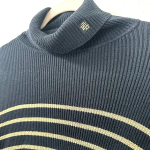 Lauren Ralph Lauren Black Gold Stripe Turtleneck Sweater Women L Cotton Classic