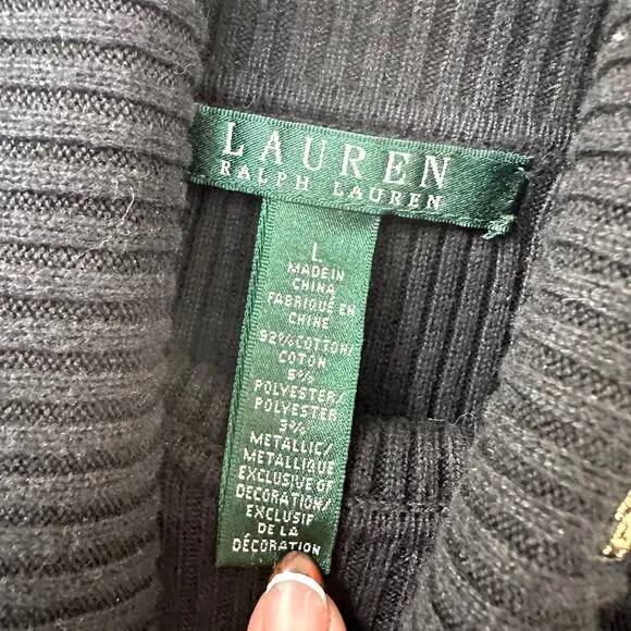 Lauren Ralph Lauren Black Gold Stripe Turtleneck Sweater Women L Cotton Classic