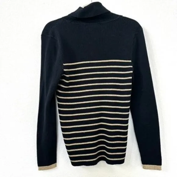 Lauren Ralph Lauren Black Gold Stripe Turtleneck Sweater Women L Cotton Classic