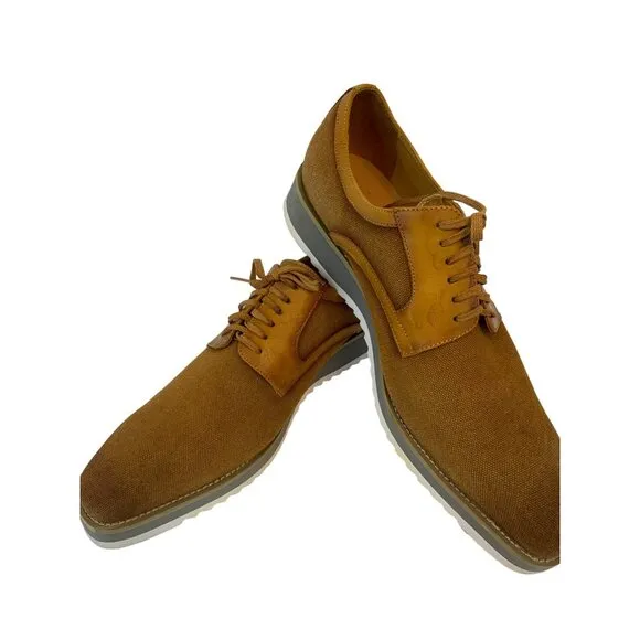 Mens Tan Canvas &amp; Leather Lace-Up Shoes Carrucci Size 11 8673