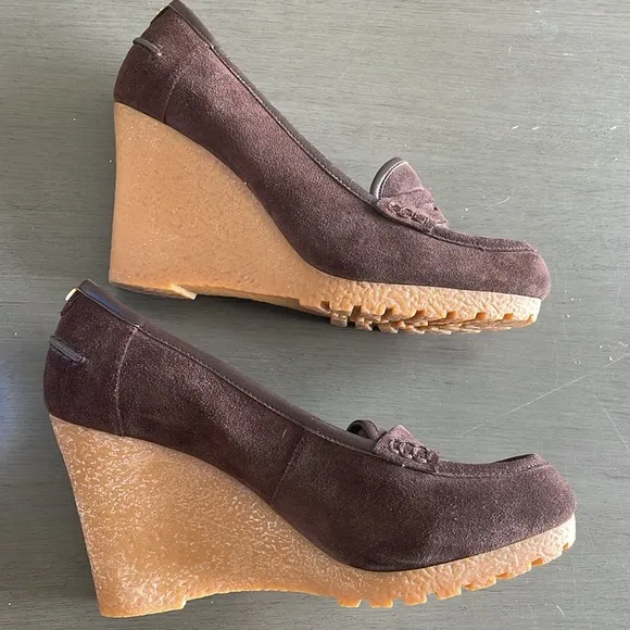 Michael Kors Brown Suede Leather Rory Loafer Wedge Shoes Women’s Size 8