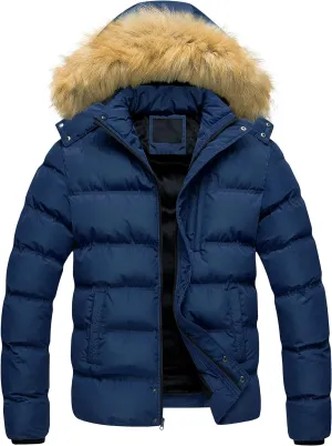 Navy Blue Men's Puffer Jacket Hooded Fur