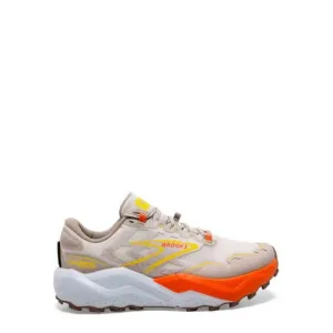 NEW BROOKS men's caldera 7 trail running shoes in white sand/chateau gray/yellow