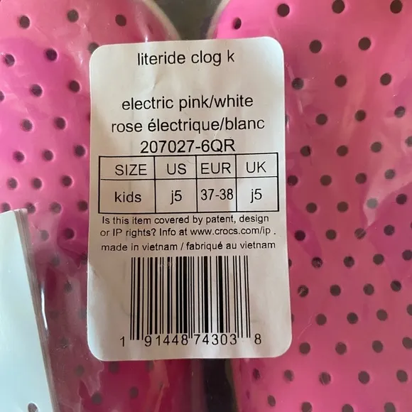 NEW-Crocs Unisex-Child Kids' Literide Clog. ElectricPink/White Size j5. (No box)