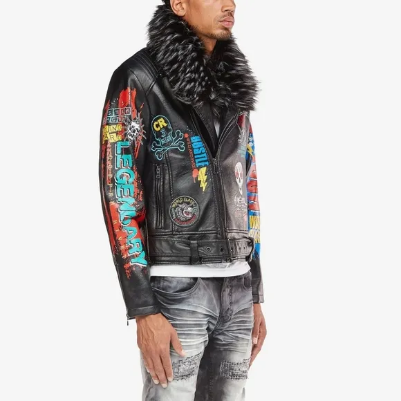 NEW Faux grafitti leather rocker jacket