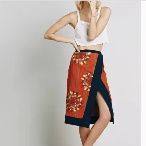 New FREE PEOPLE Song Bird wrap midi Skirt orange blue Embroidery small