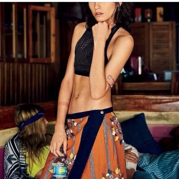 New FREE PEOPLE Song Bird wrap midi Skirt orange blue Embroidery small