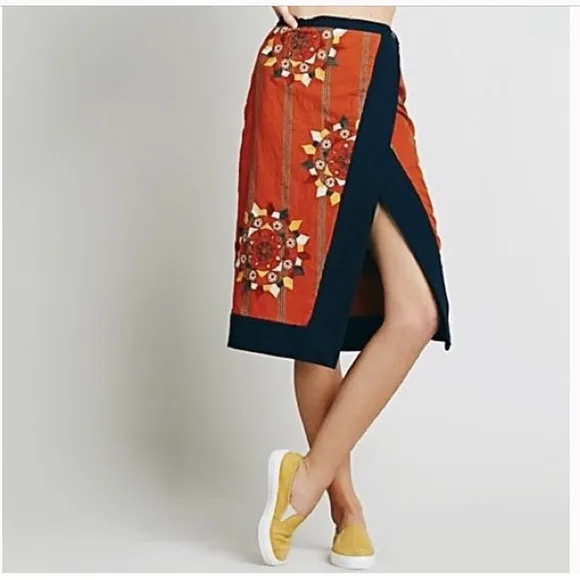 New FREE PEOPLE Song Bird wrap midi Skirt orange blue Embroidery small