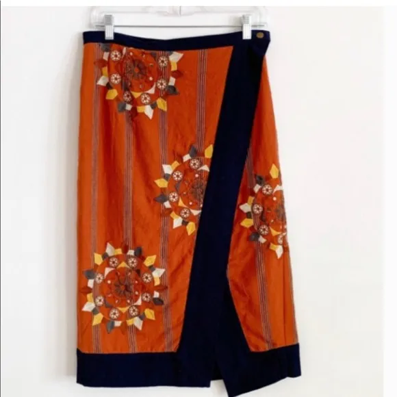 New FREE PEOPLE Song Bird wrap midi Skirt orange blue Embroidery small
