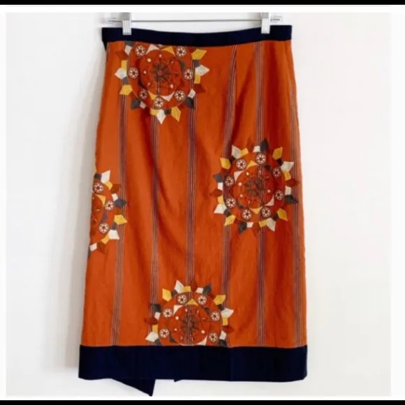 New FREE PEOPLE Song Bird wrap midi Skirt orange blue Embroidery small