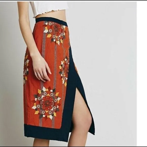 New FREE PEOPLE Song Bird wrap midi Skirt orange blue Embroidery small