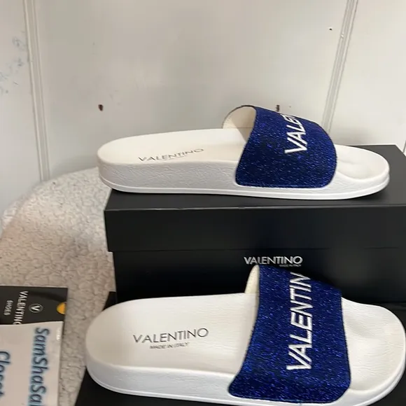 New VALENTINO Solaia Royal Blue Glittery Slides Size 39 / 6UK