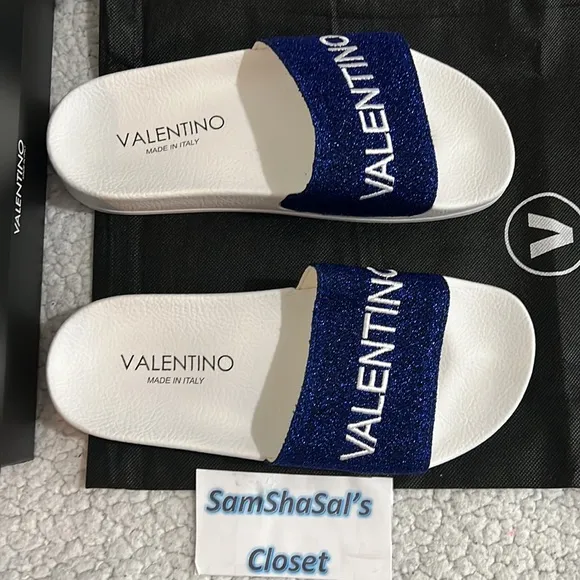 New VALENTINO Solaia Royal Blue Glittery Slides Size 39 / 6UK