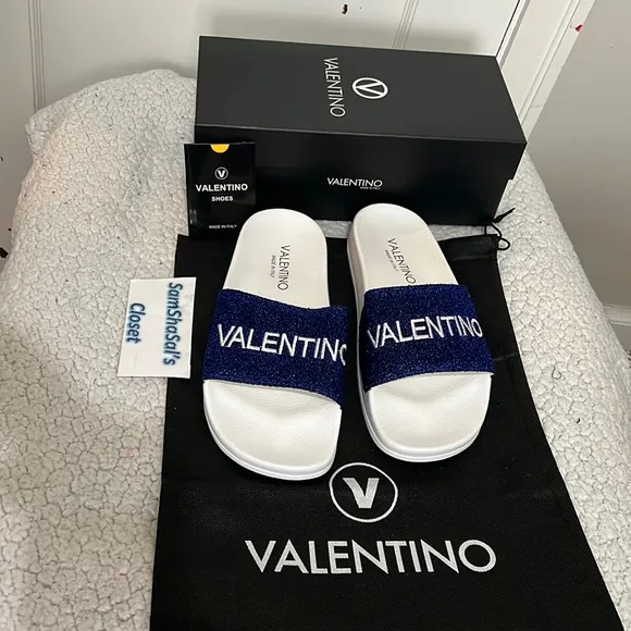 New VALENTINO Solaia Royal Blue Glittery Slides Size 39 / 6UK