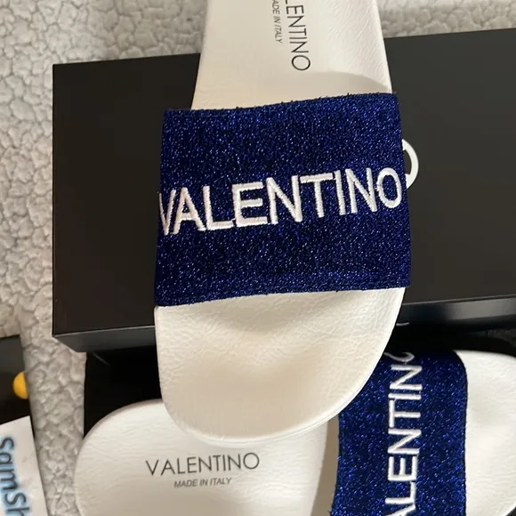 New VALENTINO Solaia Royal Blue Glittery Slides Size 39 / 6UK