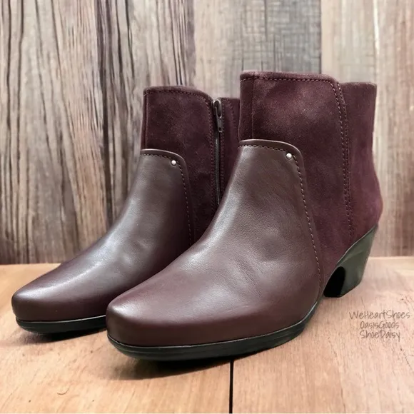 NIB Clarks Emily Low Boot Leather Ankle Boots Booties Burgundy 8.5M
