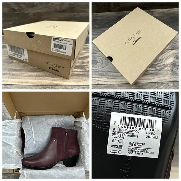 NIB Clarks Emily Low Boot Leather Ankle Boots Booties Burgundy 8.5M
