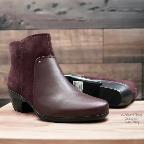 NIB Clarks Emily Low Boot Leather Ankle Boots Booties Burgundy 8.5M
