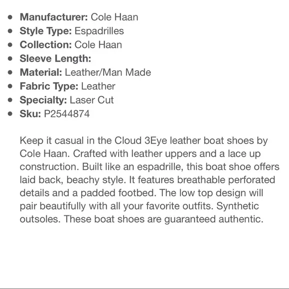 NIB Cole Haan Cloud 3Eye Espadrille Loafer Oxford Boat Shoes Perforated 8B