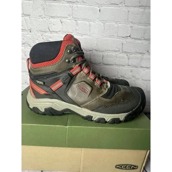 NIB Keen Ridge Flex Mid Hiking Waterproof Boots Olive Green/Red Mens Size 9.5