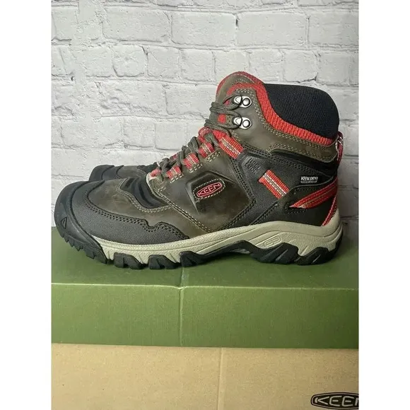 NIB Keen Ridge Flex Mid Hiking Waterproof Boots Olive Green/Red Mens Size 9.5