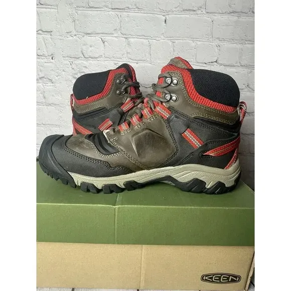 NIB Keen Ridge Flex Mid Hiking Waterproof Boots Olive Green/Red Mens Size 9.5