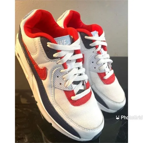 Nike Air Max 90 GS Denim Youth Low Sneaker Shoe DJ5177-100 White/Red/Blue 5Y