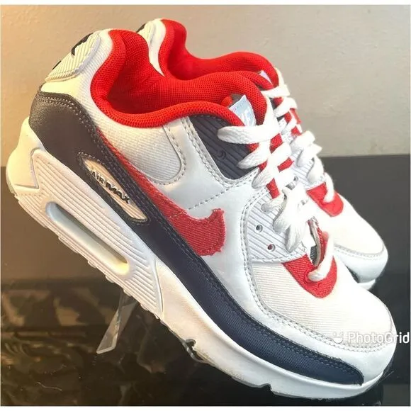 Nike Air Max 90 GS Denim Youth Low Sneaker Shoe DJ5177-100 White/Red/Blue 5Y