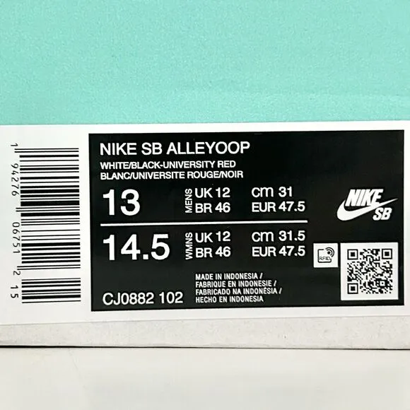 Nike SB Alleyoop “White Uni Red” Men’s Size 13 Black Skateboarding Shoes No Lid