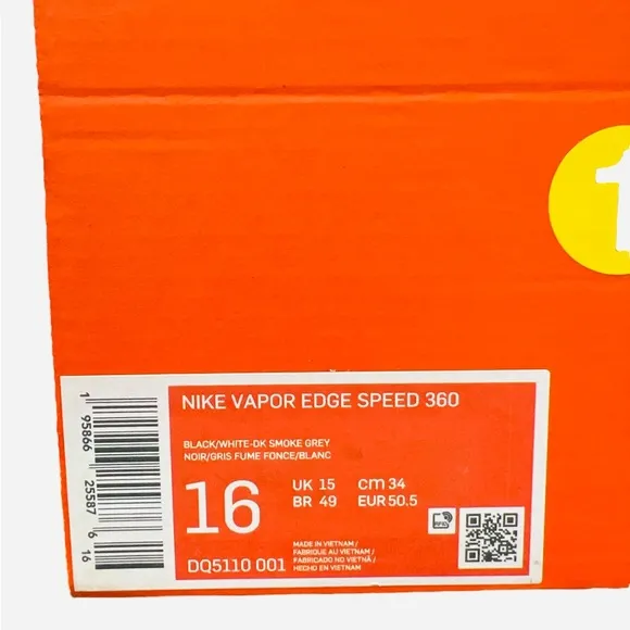 Nike Vapor Edge Speed 360 Football Cleats Black/Gray DQ5110-001 Men’s Size 16