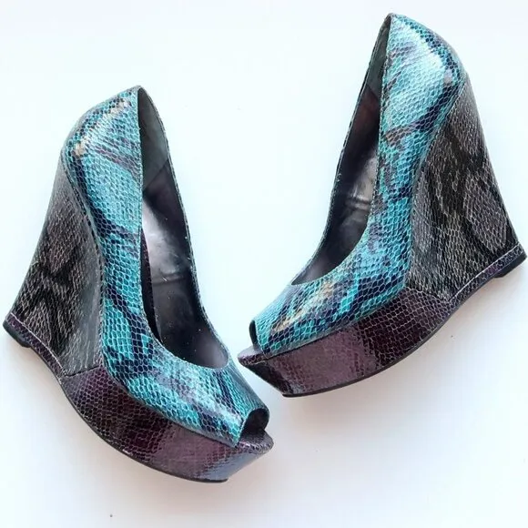 Nine West Teal Black Purple Snakeskin Peep Toe Platform Wedge Heels Pumps Shoes