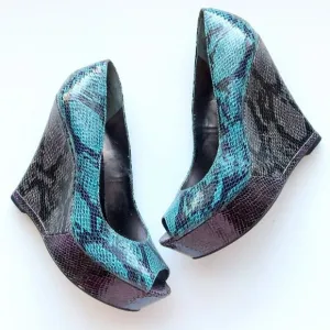 Nine West Teal Black Purple Snakeskin Peep Toe Platform Wedge Heels Pumps Shoes