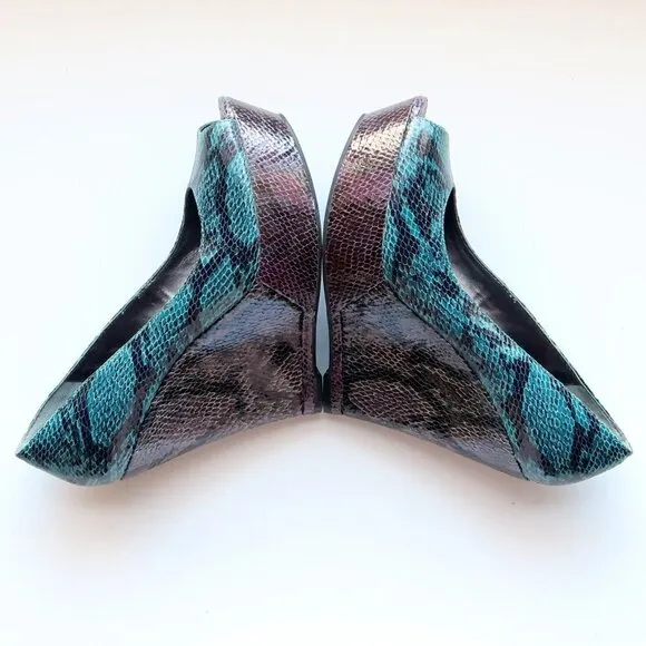 Nine West Teal Black Purple Snakeskin Peep Toe Platform Wedge Heels Pumps Shoes