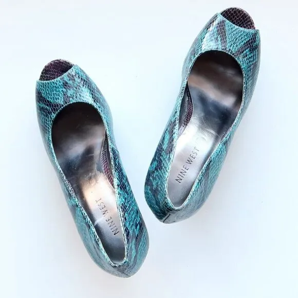 Nine West Teal Black Purple Snakeskin Peep Toe Platform Wedge Heels Pumps Shoes
