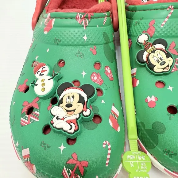 NWT Crocs M7 W9 Disney Mickey Christmas Lined Clogs Green Minnie Mouse Holiday