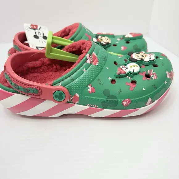 NWT Crocs M7 W9 Disney Mickey Christmas Lined Clogs Green Minnie Mouse Holiday