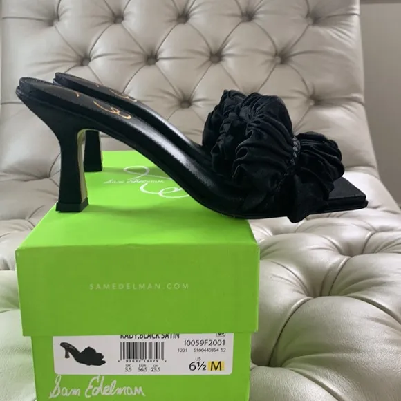 🔥NWT/Box Sam Edelman Kaddy Ruffle Heels RARE Black Satin Size 6.5🔥