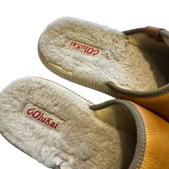 OluKai Mua ‘ili Genuine Shearling leather Mens Slipper Slide Shoe Golden Sand 11