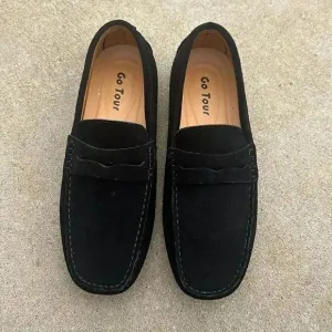 On Tour Suede Penny Loafers Moccasin Boat Shoes Black Men’s Sz 9.5 NWT