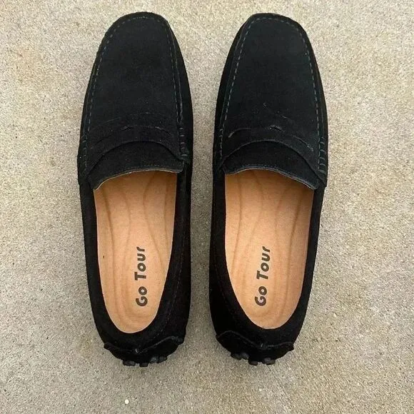 On Tour Suede Penny Loafers Moccasin Boat Shoes Black Men’s Sz 9.5 NWT
