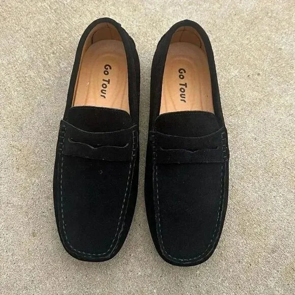 On Tour Suede Penny Loafers Moccasin Boat Shoes Black Men’s Sz 9.5 NWT