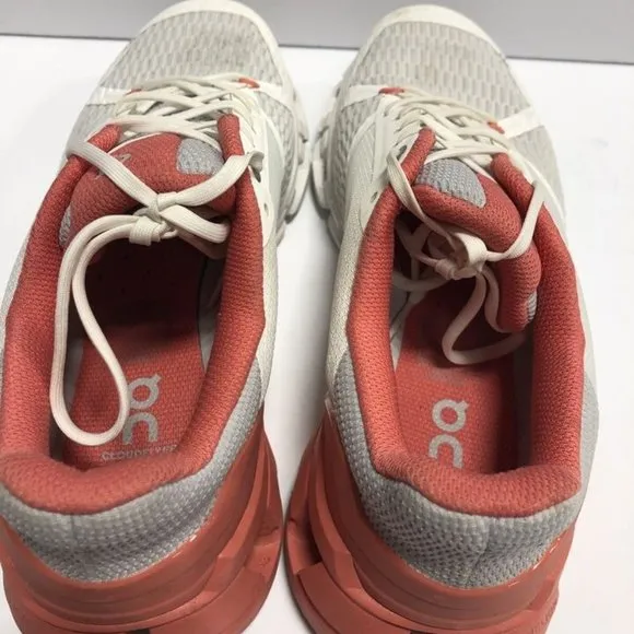 On Women’s Cloudflyer, White/Coral Running Shoes, Size 7.5M.