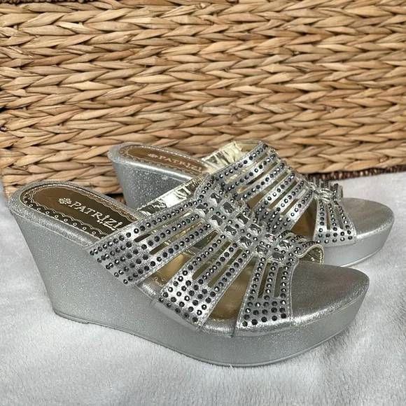 Patrizia Silver Metallic Rhinestone Wedge Shoes EU 37 US Size 7