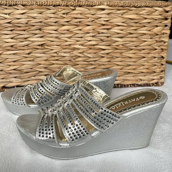 Patrizia Silver Metallic Rhinestone Wedge Shoes EU 37 US Size 7
