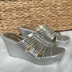 Patrizia Silver Metallic Rhinestone Wedge Shoes EU 37 US Size 7