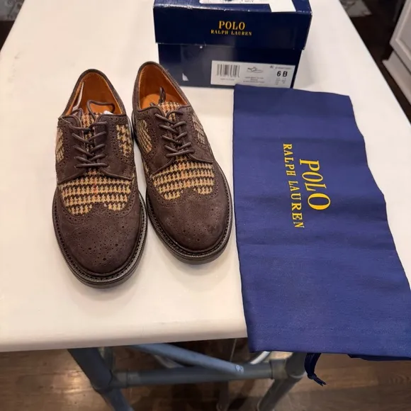 Ralph Lauren Asher Wool &amp; Suede Wingtip Oxford Shoes Unisex Men’s 6 Womens 8 NEW
