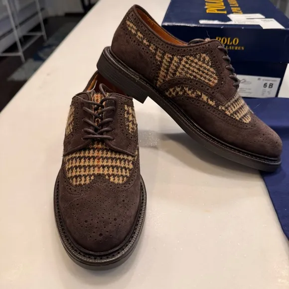 Ralph Lauren Asher Wool &amp; Suede Wingtip Oxford Shoes Unisex Men’s 6 Womens 8 NEW