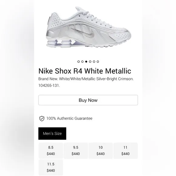 RARE Nike Men’s Shox R4 White Metallic Silver Shoes Size 9